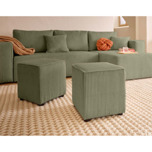 Topaze - canapé d'angle réversible 4 places - convertible avec coffre, tablette et poufs - en velours côtelé - Vert Kaki