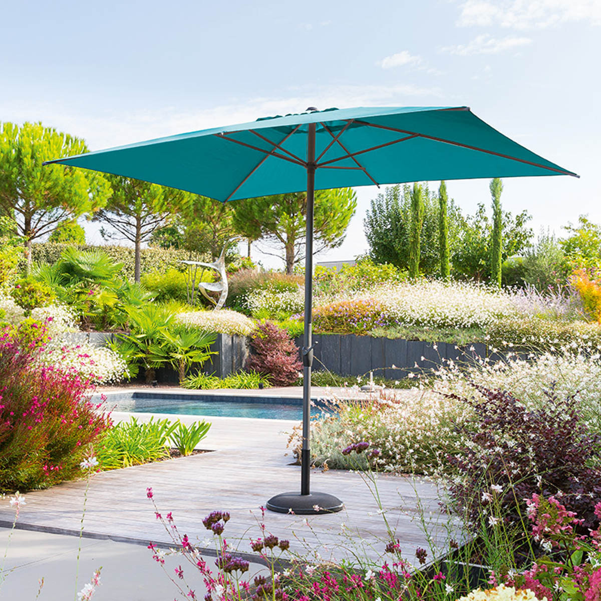 Parasol droit rectangulaire "Loompa" bleu canard 3x2m en aluminium