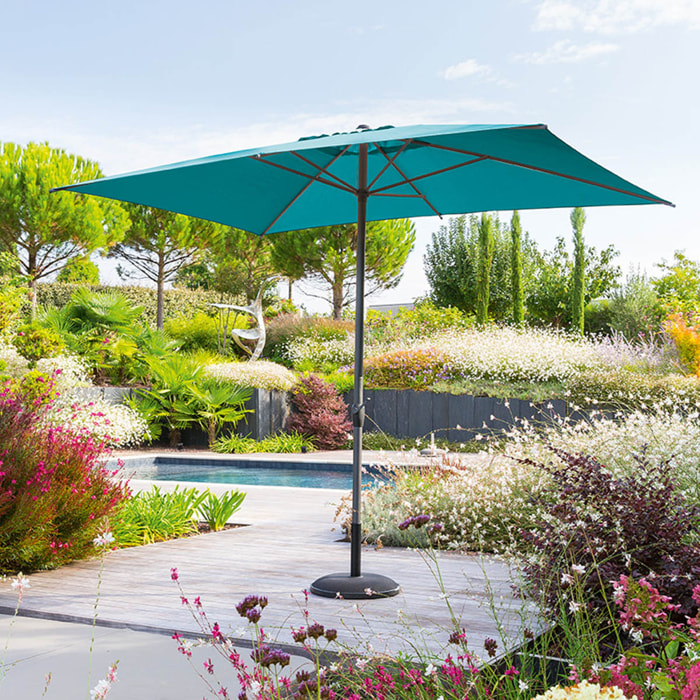 Parasol droit rectangulaire "Loompa" bleu canard 3x2m en aluminium