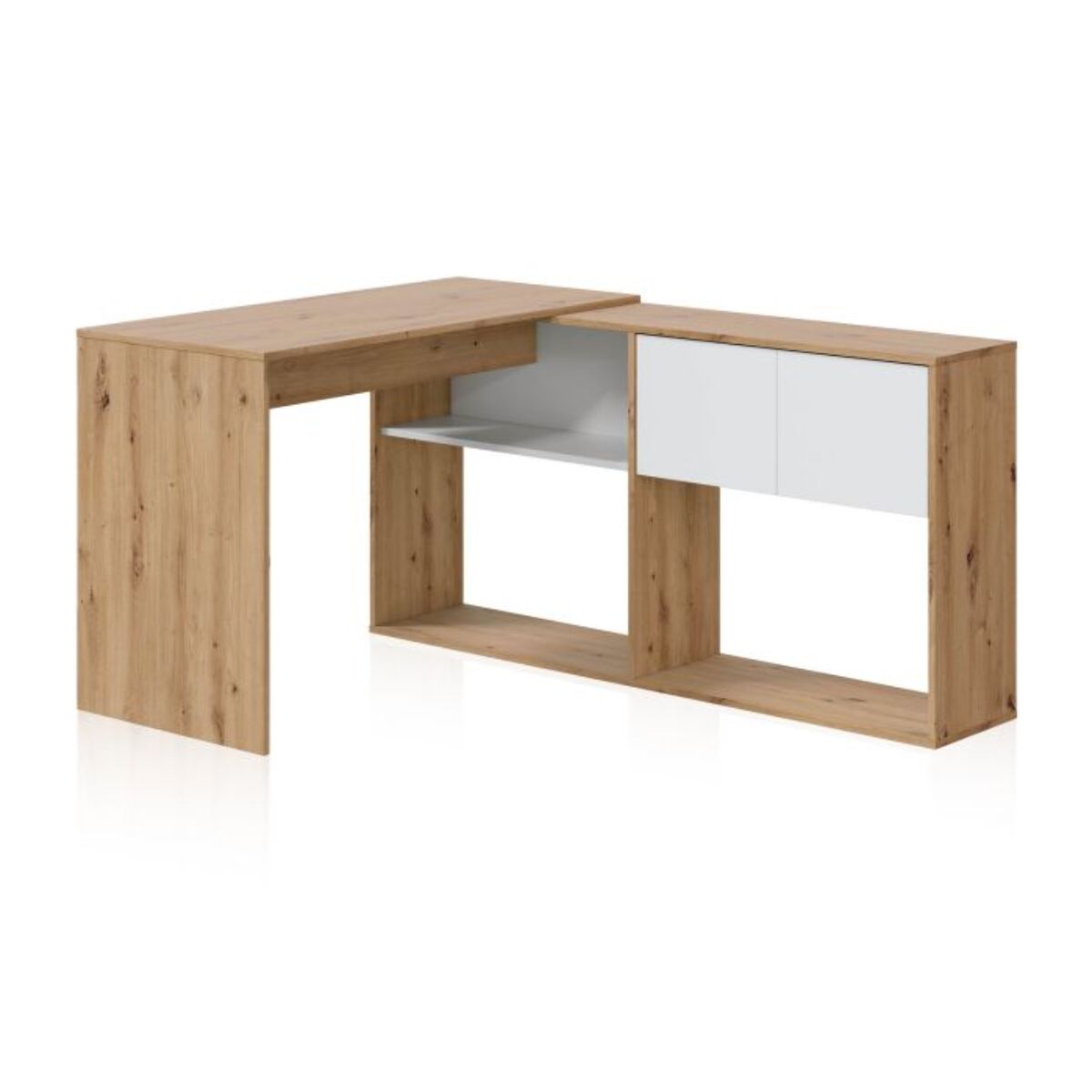 Mesa de escritorio con estantería Dess Blanco Artik (Blanco Mate) - Roble Nodi
