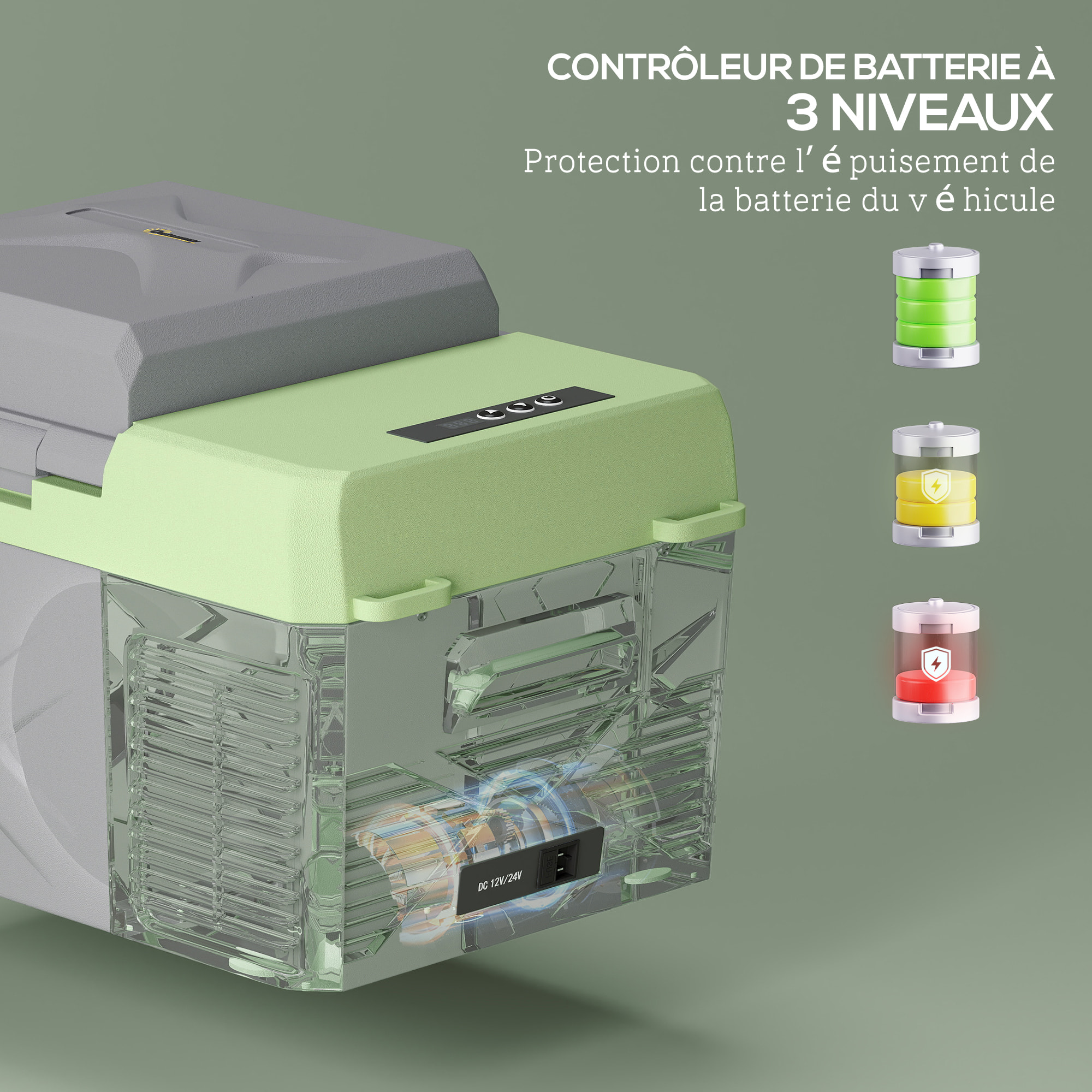 Glacière électrique voiture à compression 12L - réfrigérateur voiture congélateur 12/24V 60W max 2 modes gris vert