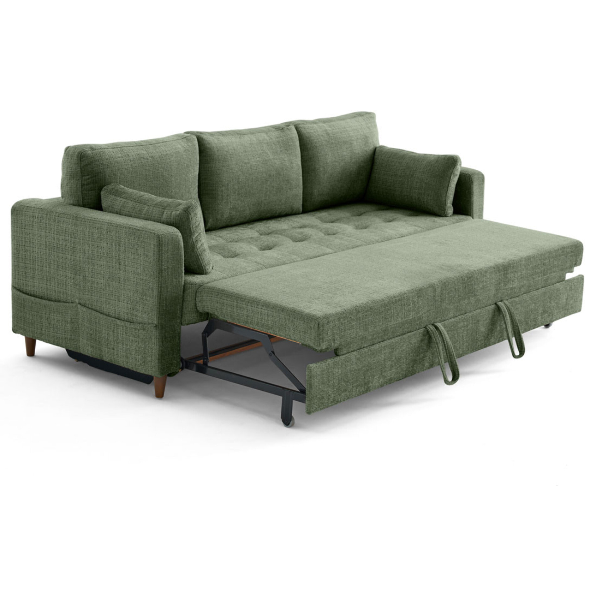 Anna - canapé droit 3 places convertible avec poche en velours texturé - Vert sauge