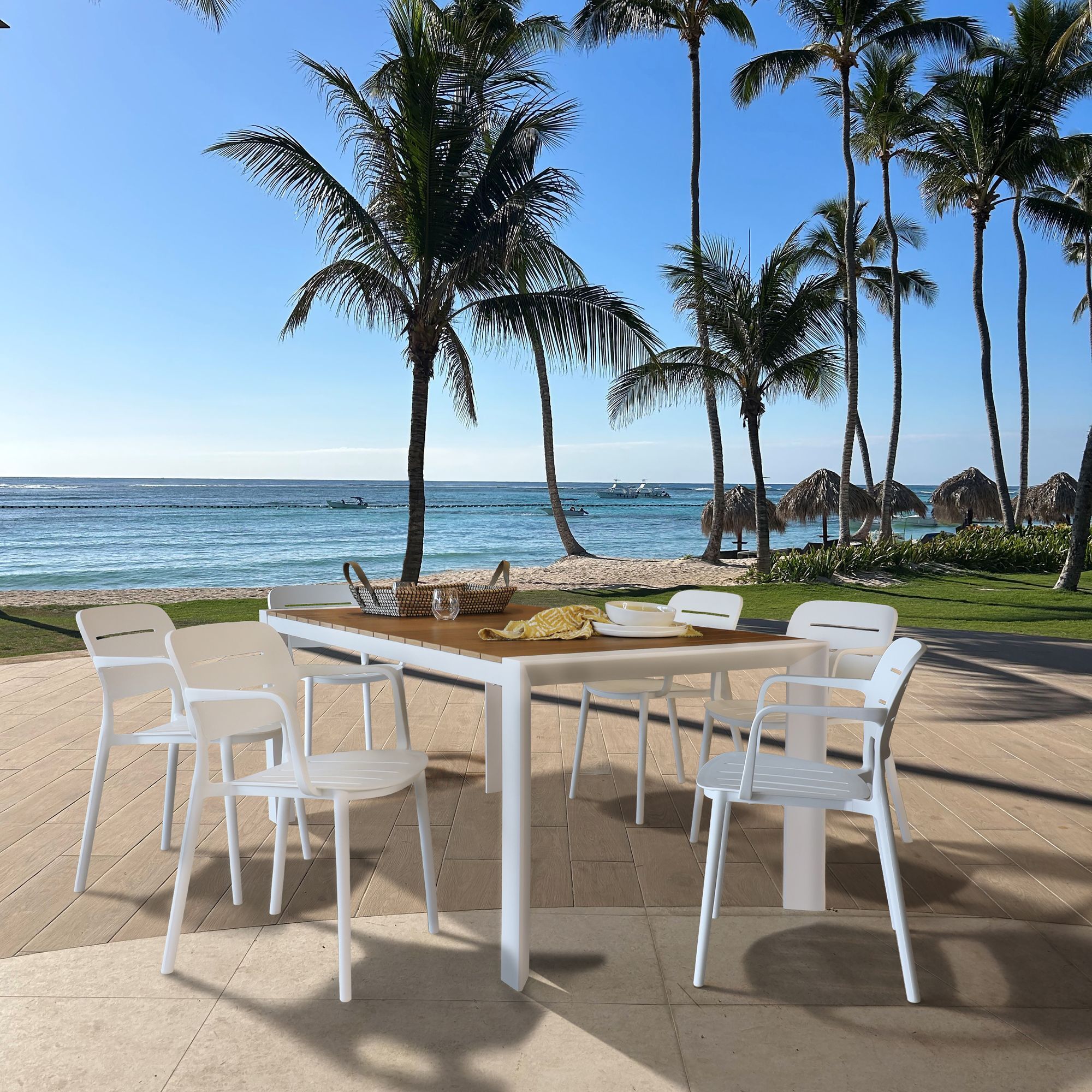 ENSEMBLE DE JARDIN TABLE NATUREL/BLANC 180CM AVEC 6 FAUTEUILS BLANC BASUN