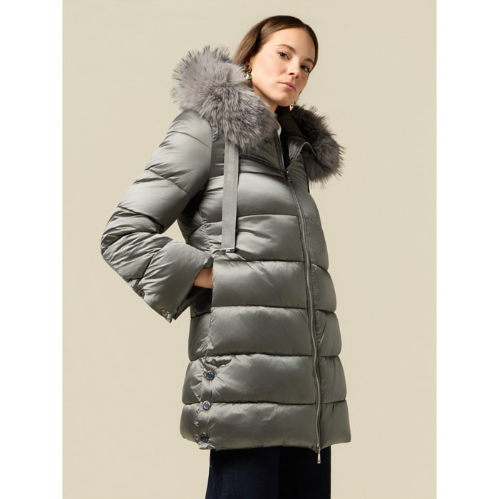 Oltre - Plumífero midi con capucha y borde peludo - Gris