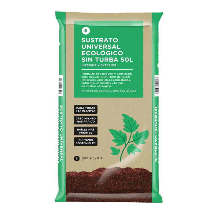 PLANETA HUERTO | Sustrato Universal Sin Turba ECO 50 L, Tierra Ecológica para Plantas de Interior y Exterior, con Humus de Lombriz - Sustrato Universal Ideal para Huerto Urbano y Jardinería Sostenible