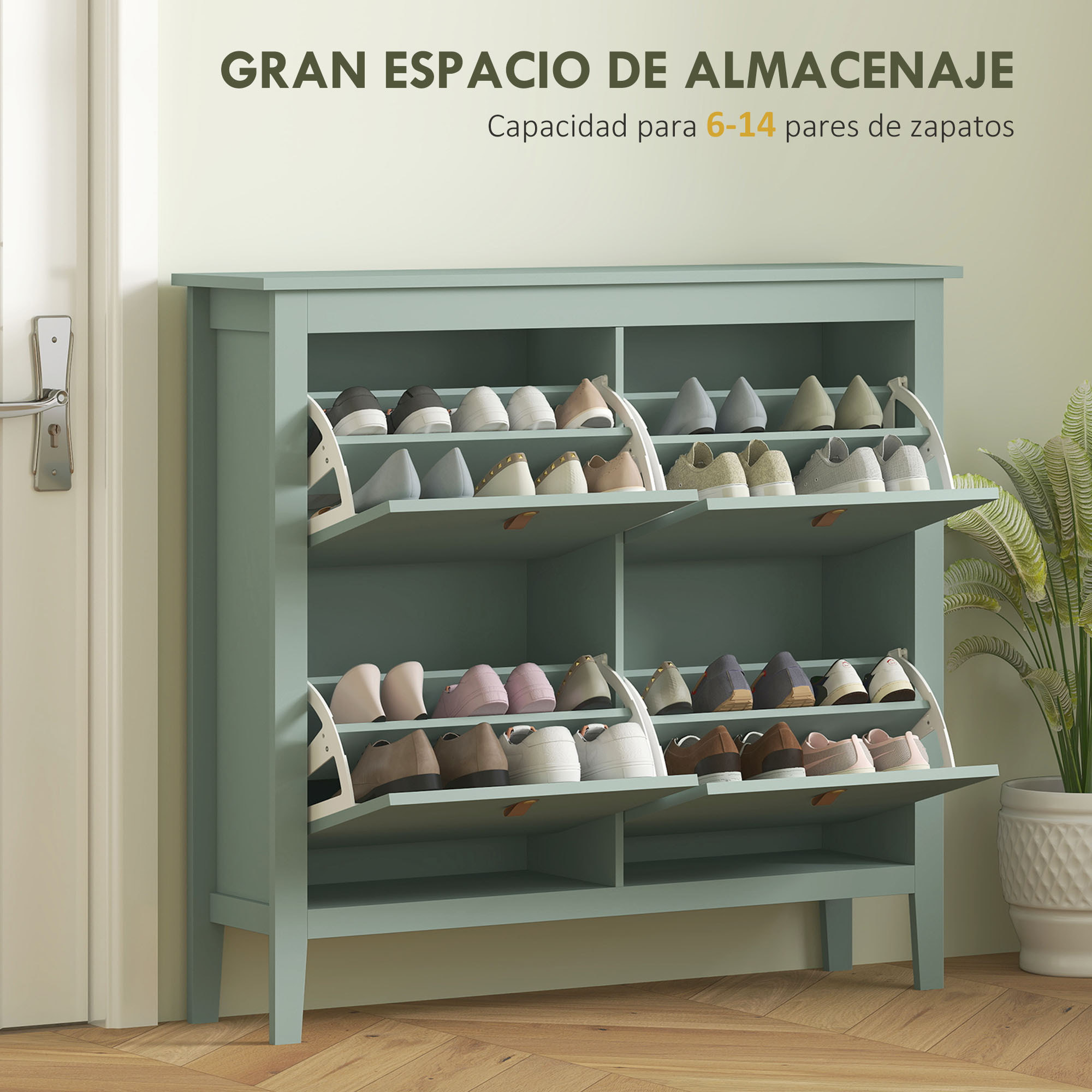 Zapatero Estrecho 4 Puertas, Zapatero Entrada Recibidor, Estantes Ajustables, Tiradores de PU, para 20 Pares de Zapatos, para Pasillo, Espacios Reducidos, 105x24x95,5 cm, Verde Claro