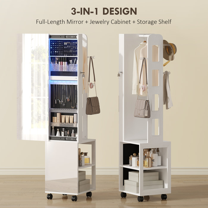 Armoire à bijoux LED miroir penderie multi-rangement 3 en 1 dim. 40 x 37 x 165 cm effet bois blanc
