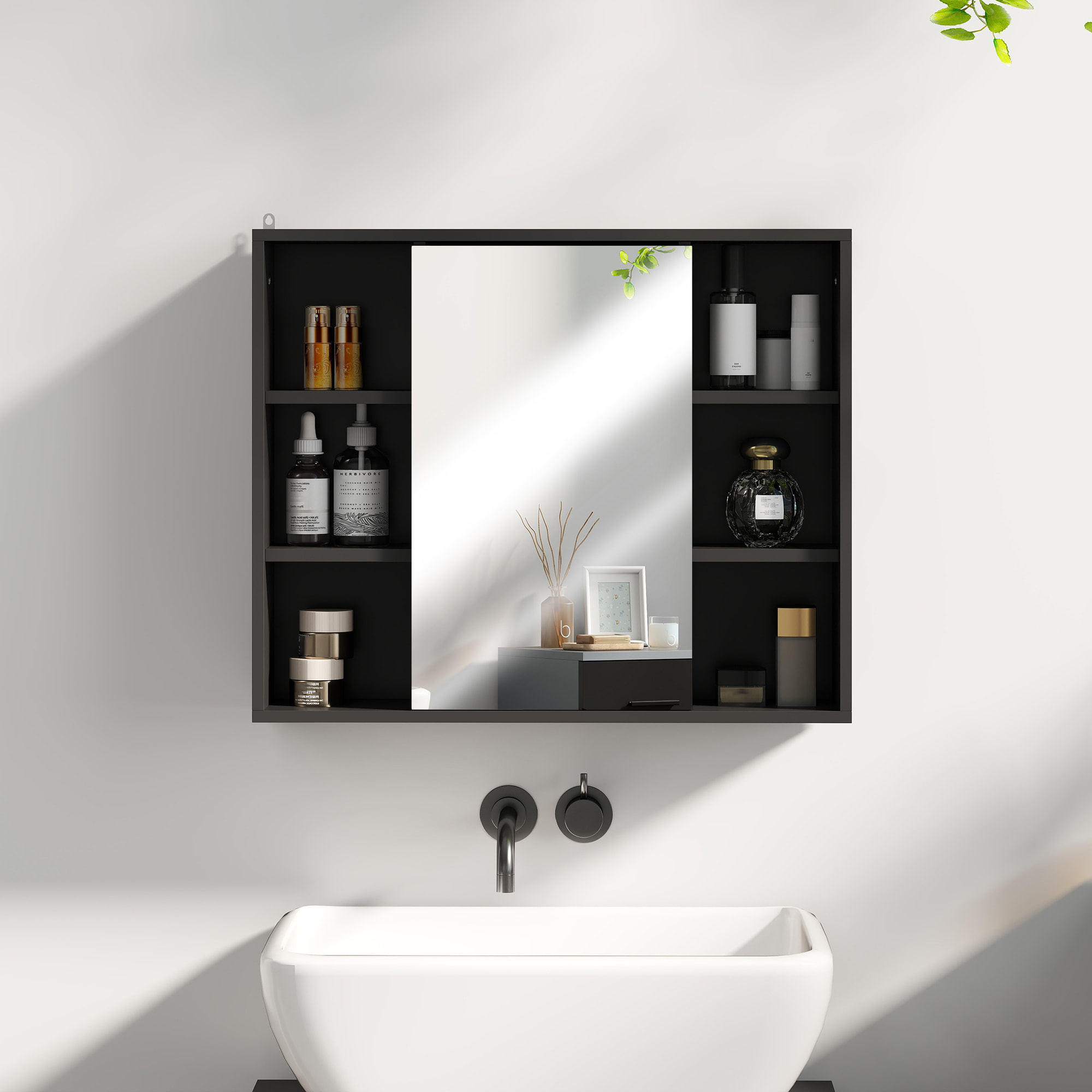 Miroir de salle de bain avec placard et étagères - 4 étagères latérales + 2 étagères intérieures - MDF panneaux particules noir