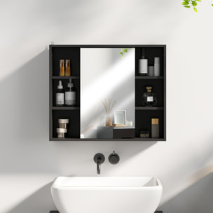 Miroir de salle de bain avec placard et étagères - 4 étagères latérales + 2 étagères intérieures - MDF panneaux particules noir