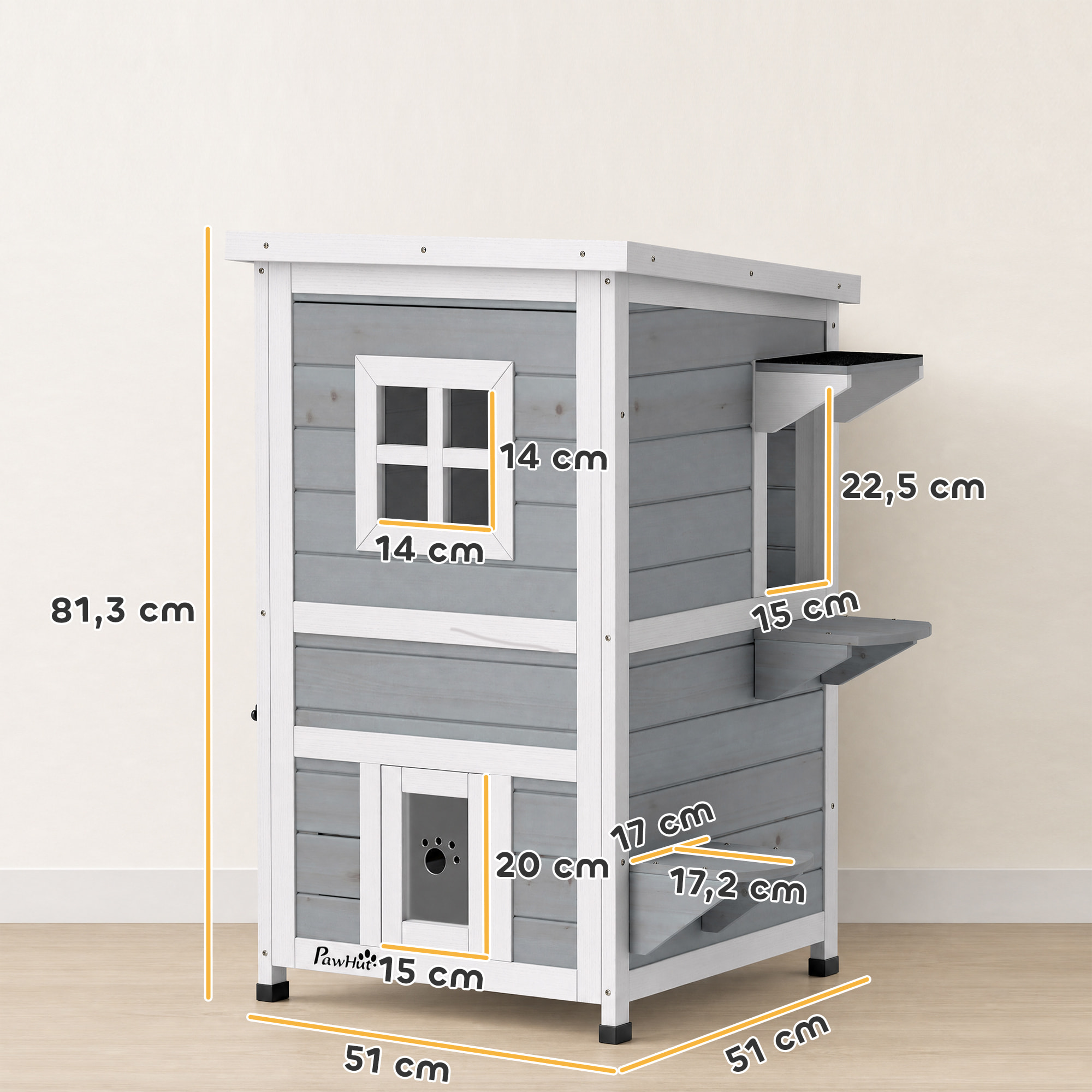 PawHut Caseta para Gatos de Madera Exterior, Casa para Gatos de 2 Niveles con Techo Abatible, Panel Central Extraíble, Ventanas, Puertas, para Terraza, Balcón, Jardín, 51x51x81,3 cm, Gris