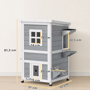 PawHut Caseta para Gatos de Madera Exterior, Casa para Gatos de 2 Niveles con Techo Abatible, Panel Central Extraíble, Ventanas, Puertas, para Terraza, Balcón, Jardín, 51x51x81,3 cm, Gris