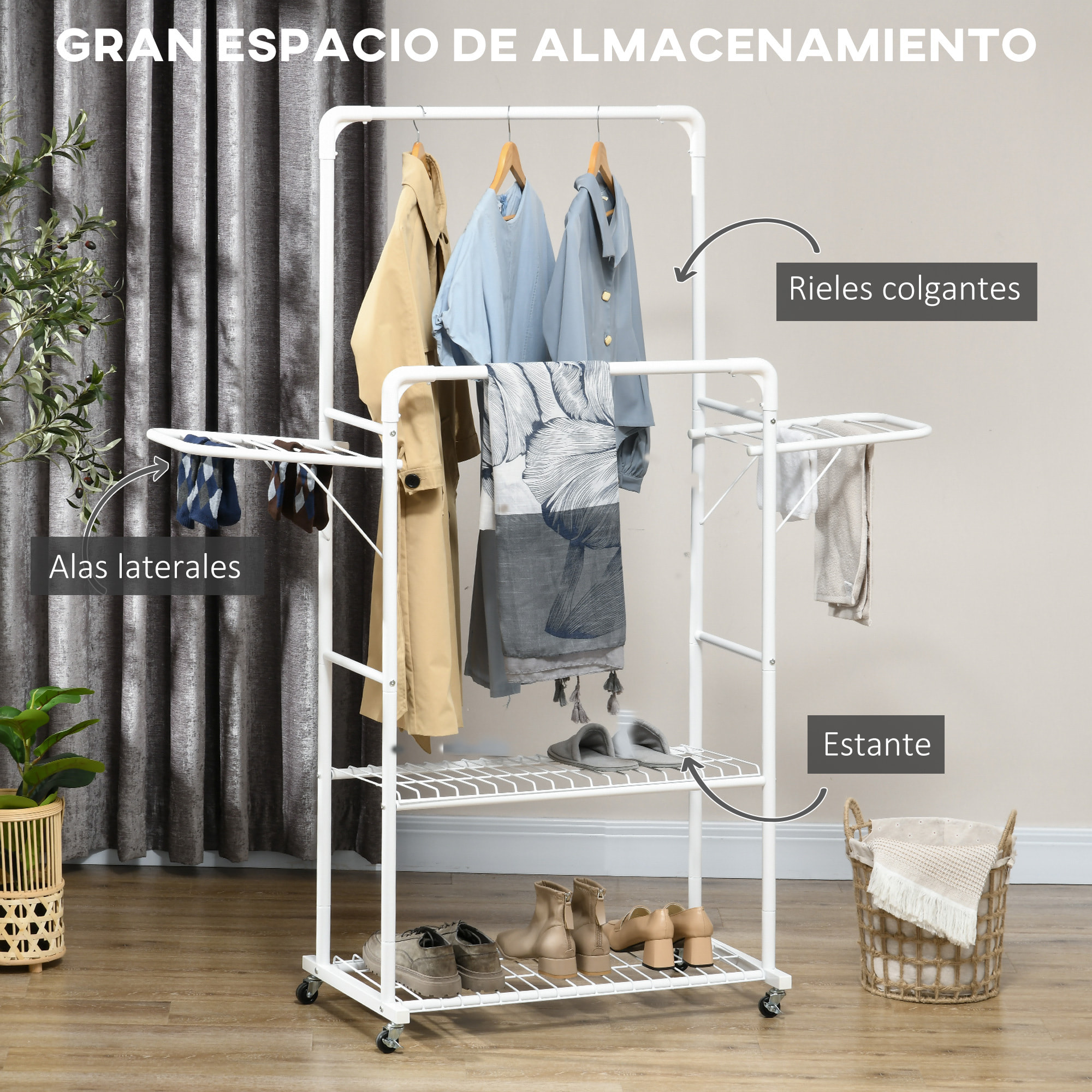 Tendedero de Ropa con Ruedas Tendedero Vertical de Acero con 2 Alas Plegables 2 Rieles Colgantes y 2 Estantes de Almacenamiento 153x43,7x171 cm Blanco