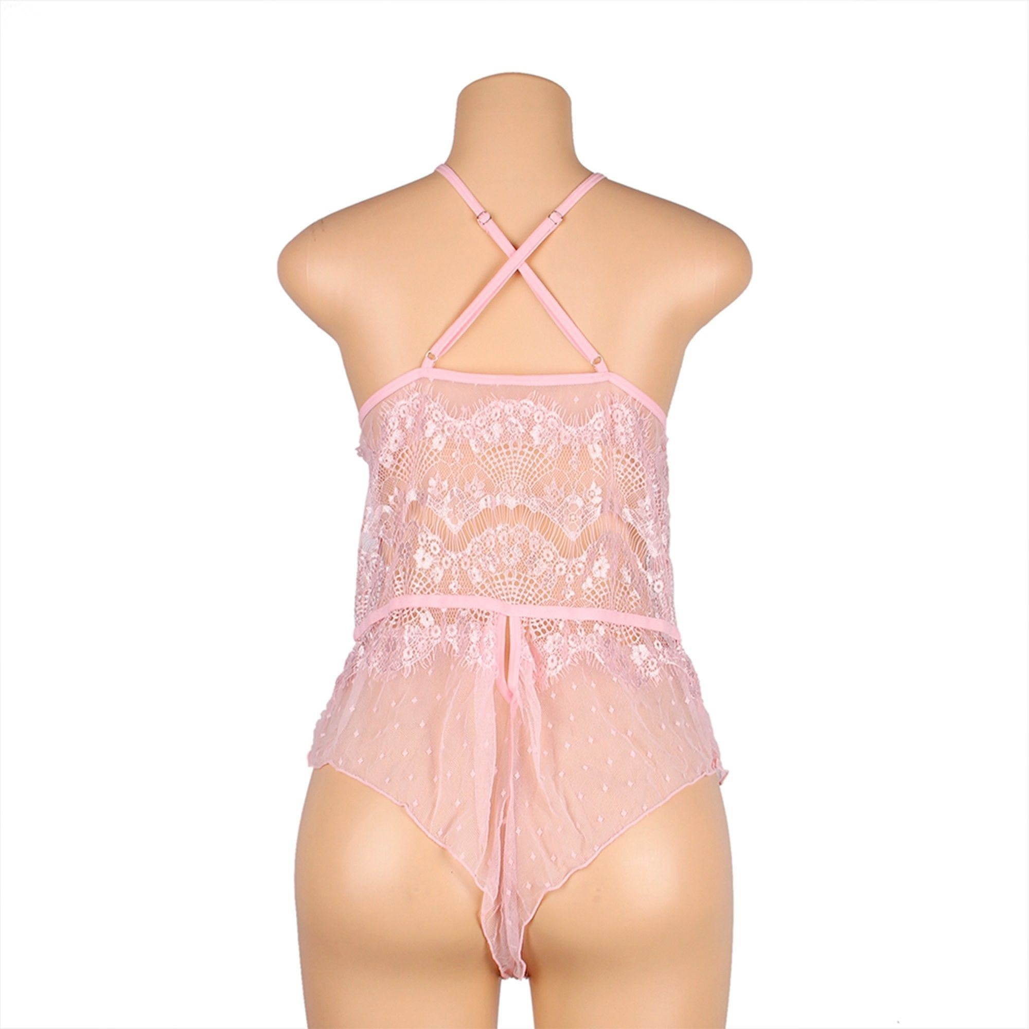 Body transparente con escote en V profundo floral de encaje rosa