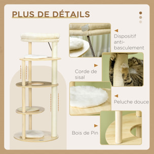 Arbre à chat style nordique griffoir sisal naturel 4 plateformes coussins panier d'observation amovible bois pin panneaux bois clair