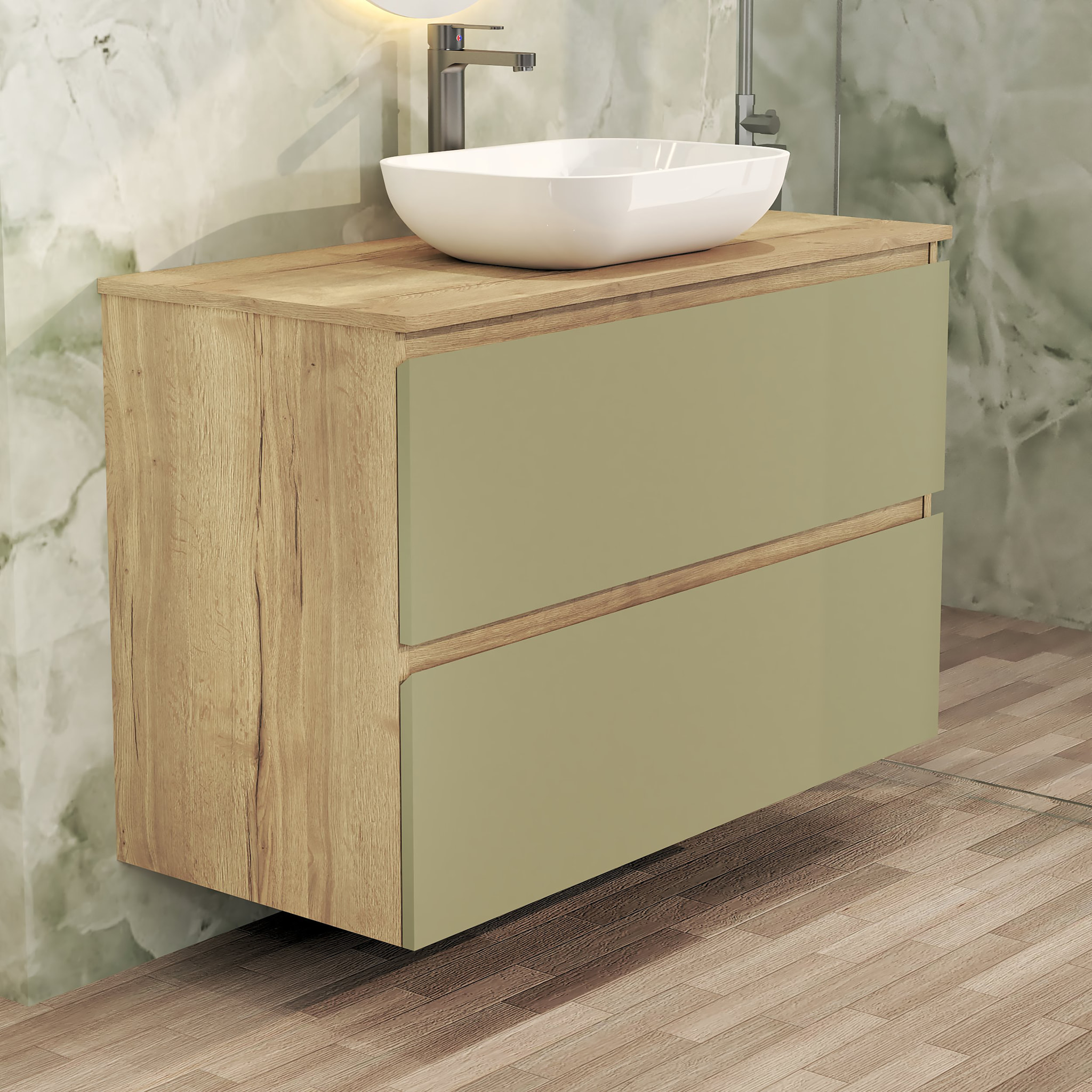 Conjunto de Baño Nia | Mueble Suspendido | 100 cm Verde | Dos Cajones | Lavabo Sobrepuesto | No incluye Espejo | Mueble Montado| Alday