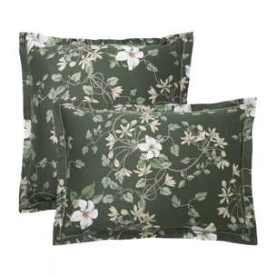 Taie d'oreiller satin de coton imprimé vert Gardenias mousse