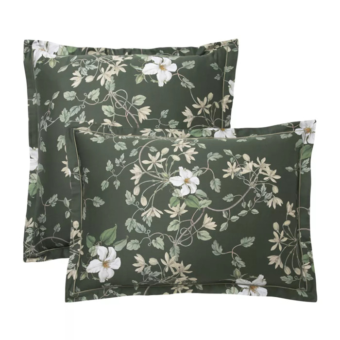 Taie d'oreiller satin de coton imprimé vert Gardenias mousse