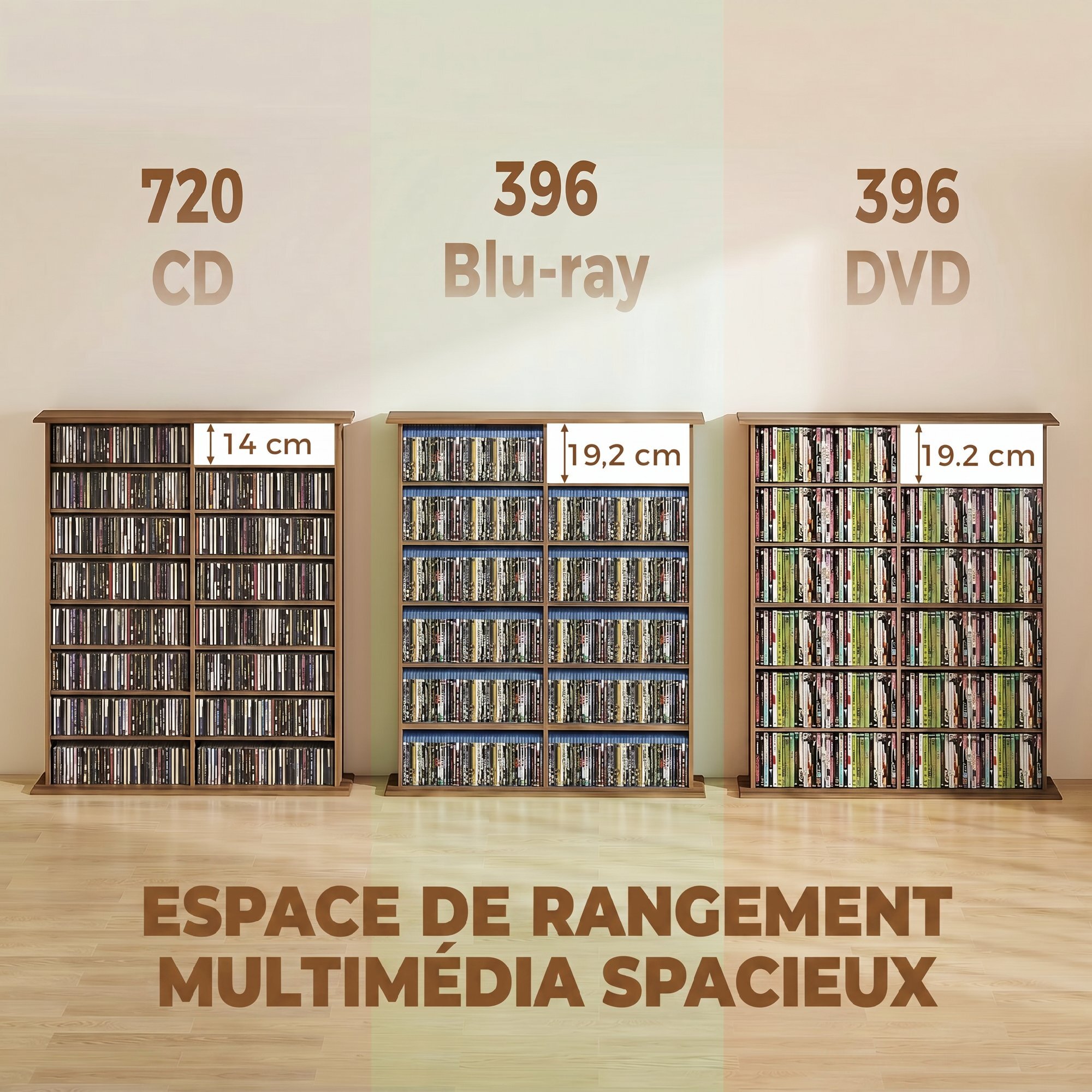 Étagère range CD - meuble rangement CD DVD - 16 compartiments, 12 étagères réglables - max 720 CD/396 DVD - noyer