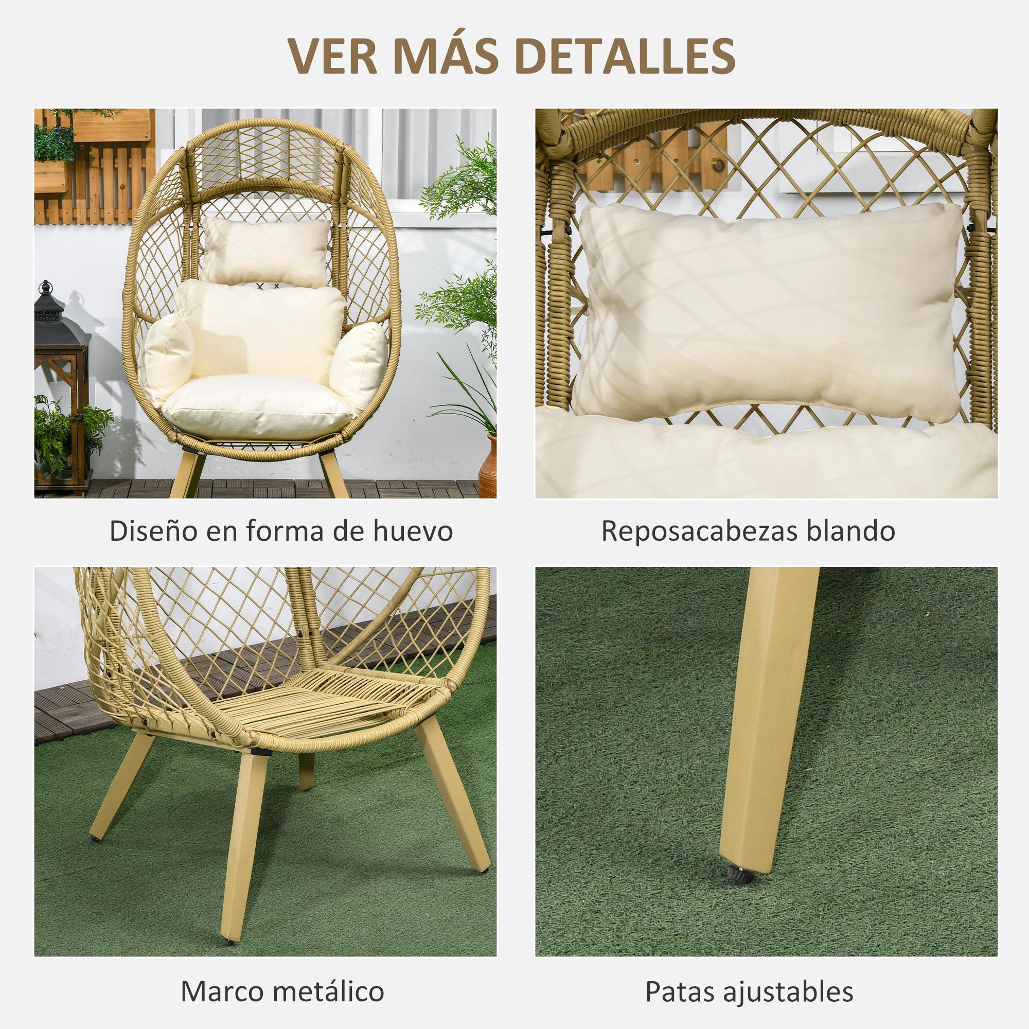 Sillón de Ratán Sintético Silla de Terraza en Forma de Huevo con Reposacabezas Acolchado y Cojín Carga 160 kg para Jardín Balcón 88x85x143 cm Natural y Crema