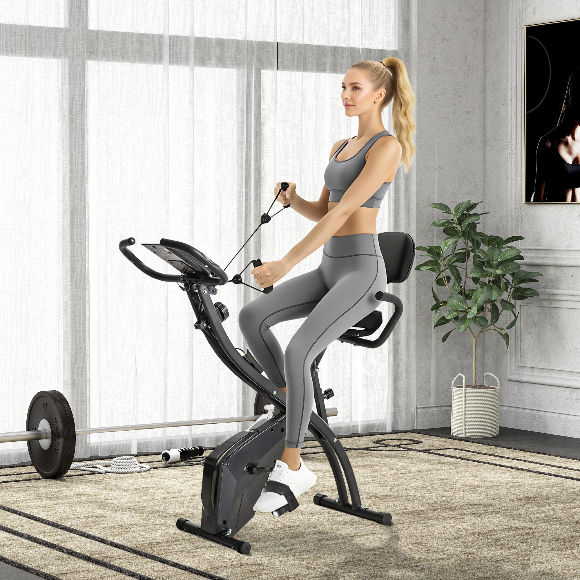 Bicicleta Estática Plegable 3 en 1 con Respaldo y 8 Niveles Resistencia Magnética, Bicicleta Estática para Casa Ajustable con Monitor LCD Volante Banda Sensor de Pulso Soporte de Teléfono Negro