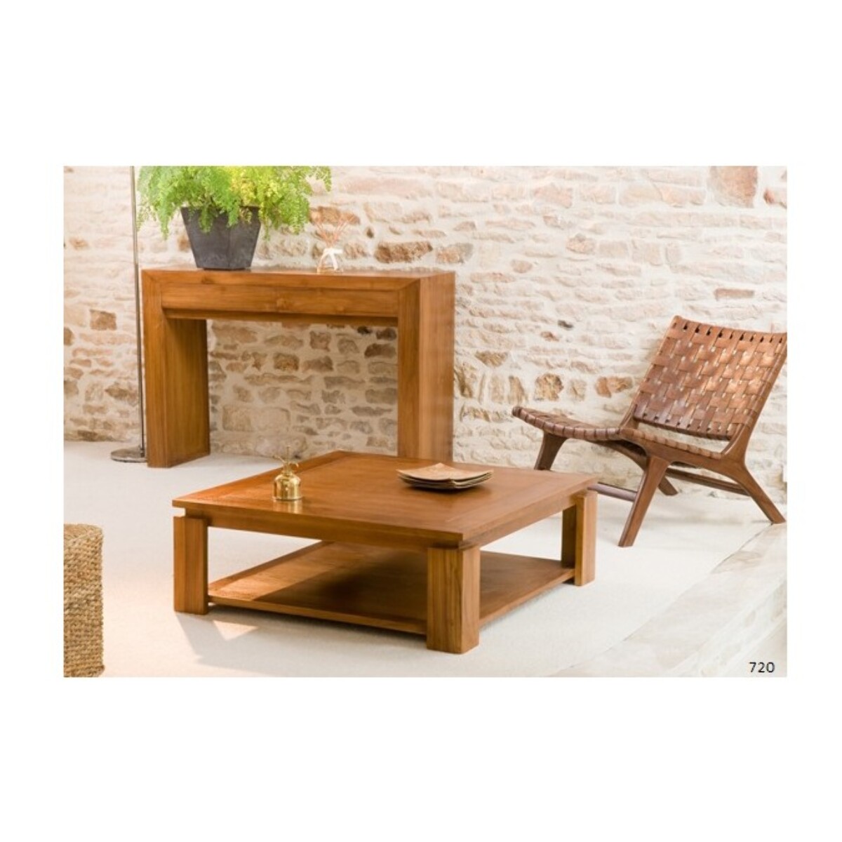 API - Table basse carrée marron sous plateau 90x90cm bois Teck