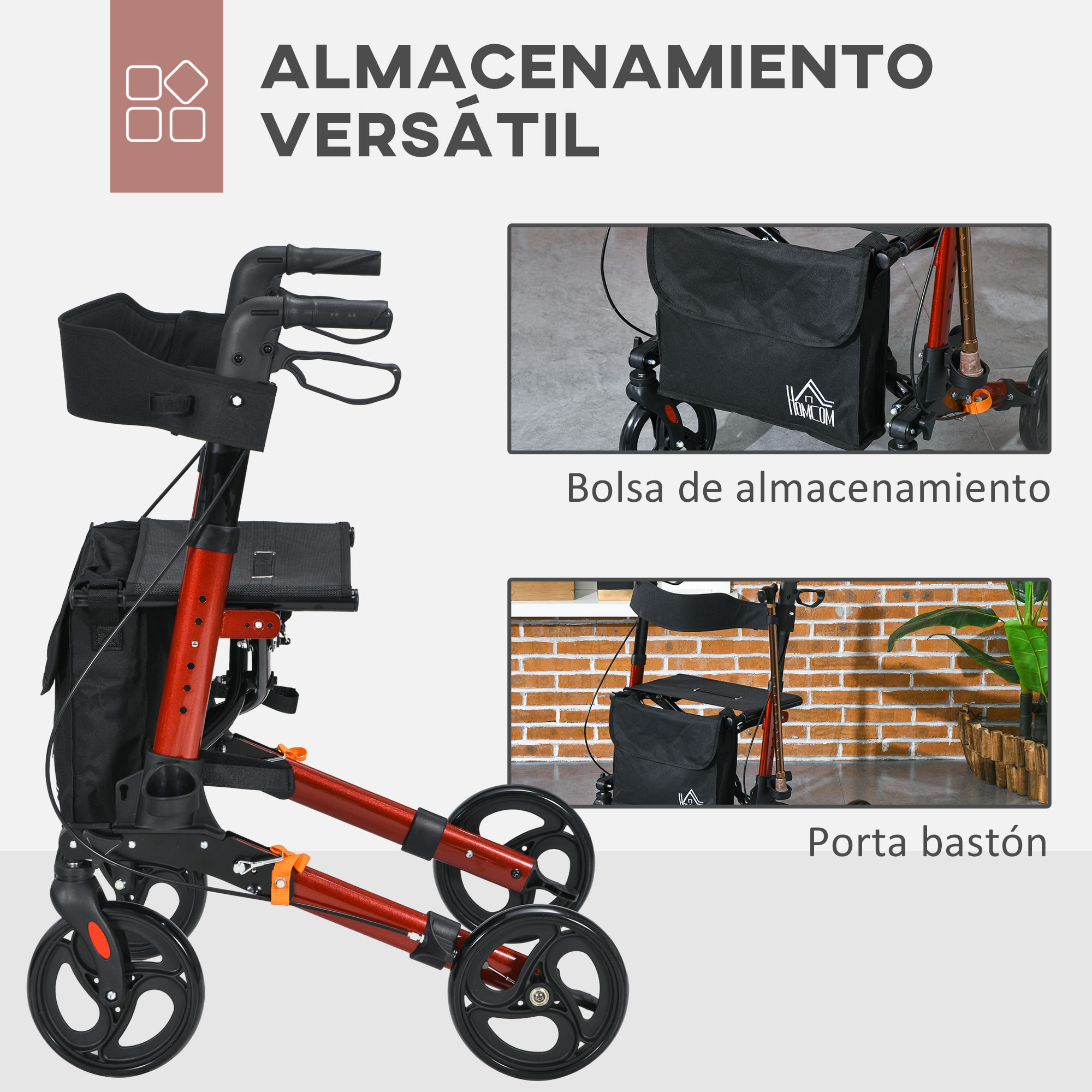 Andador para Ancianos Plegable de Aluminio Andador para Personas Mayores con Asiento y 4 Ruedas Andador con Altura Ajustable Frenos de Maneta y Bolsa de Transporte Rojo y Negro