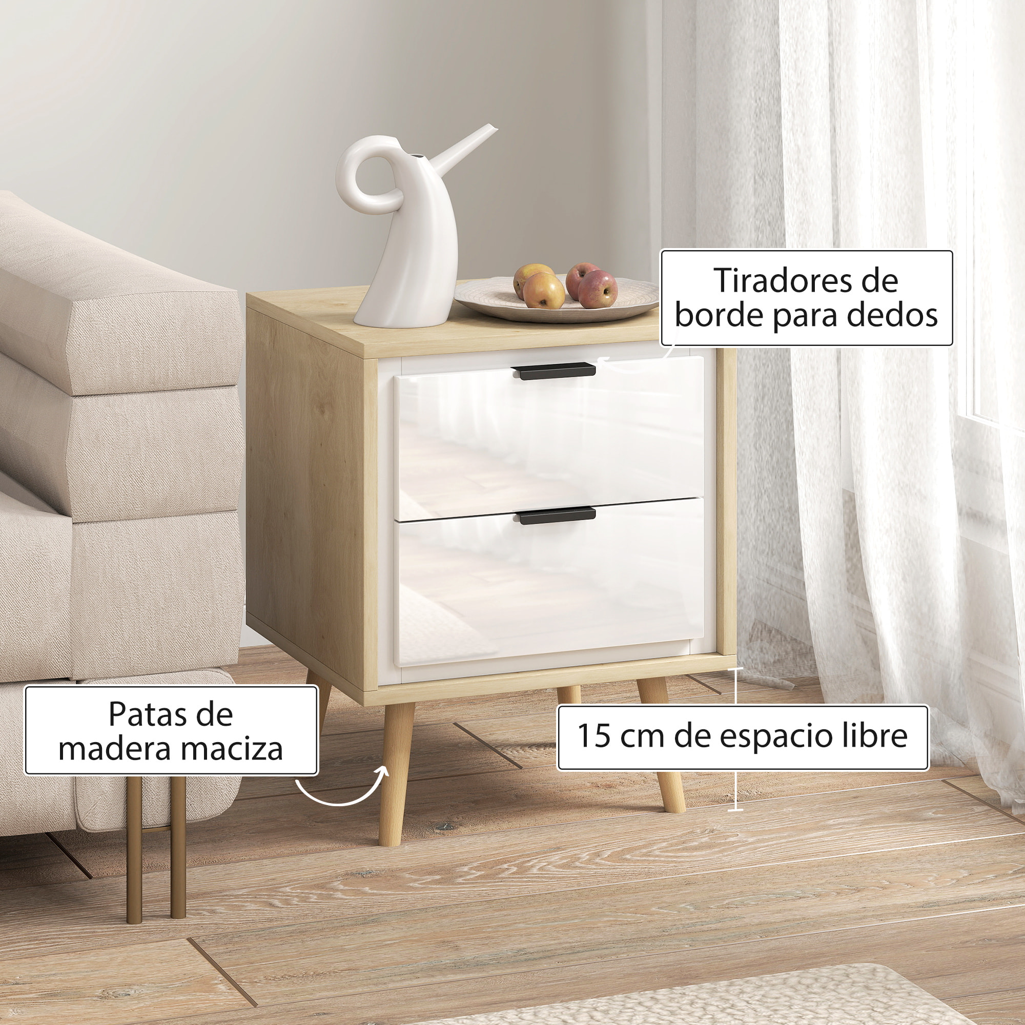 Juego de 2 Mesitas de Noche Modernas, Mesillas de Noche con 2 Cajones con Deslizamiento Silencioso, Patas de Madera, para Dormitorio, Salón, 40x35x50 cm, Blanco Brillo y Roble