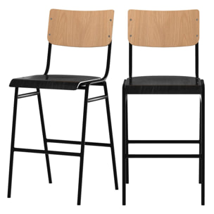 Chaise de bar mi-hauteur Clem en bois clair et noir 65 cm (lot de 2)