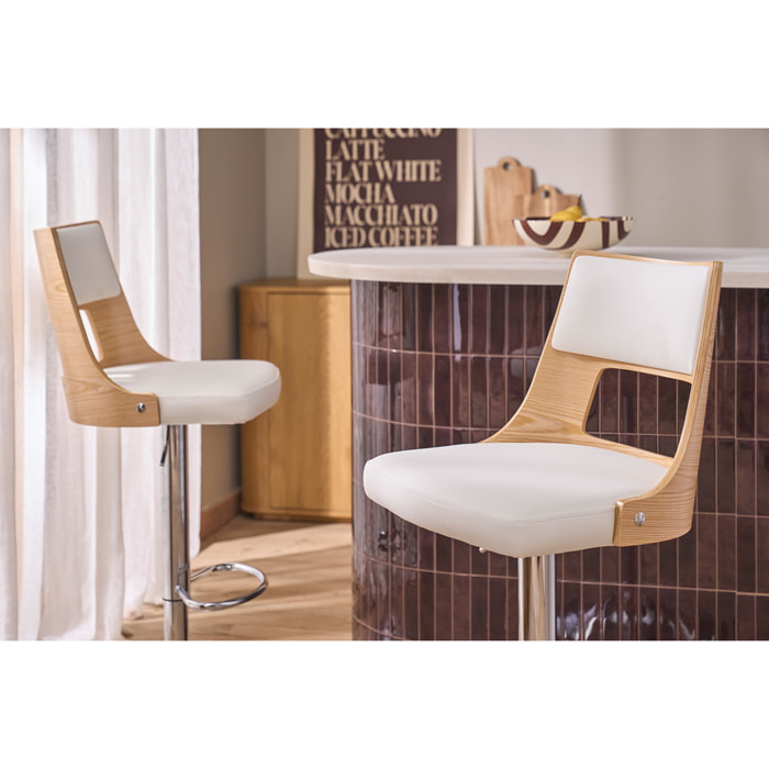 Tabouret de bar réglable pivotants 360° blanc et bois clair GARBO