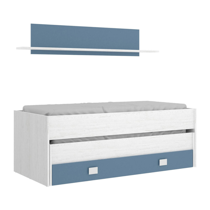 Letto per bambini Ortles, Struttura con secondo lettino estraibile, Letto singolo per cameretta con 1 cassettone e mensola, 200x99h74 cm, Bianco e Blu