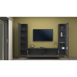 Parete attrezzata Girolamo, Set salotto porta TV a 3 ante, Mobile soggiorno multiuso con vetrina e luce LED, 100% Made in Italy, cm 260x30h180, Antracite