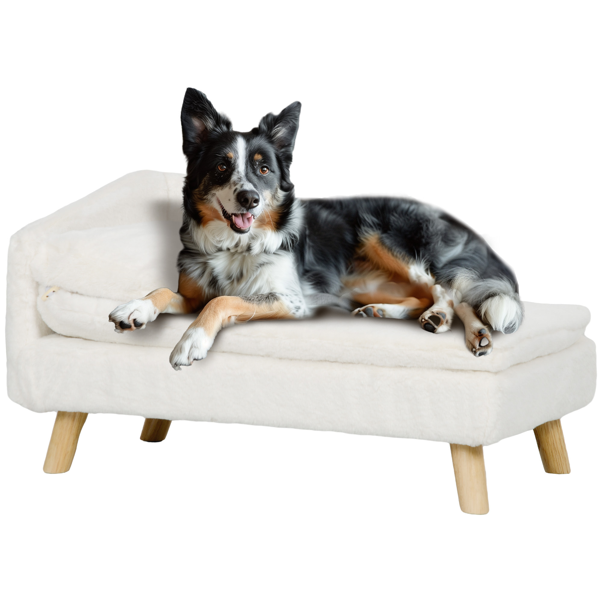 Canapé chien méridienne style scandinave 2 coussins déhoussables bois aspect fourrure crème