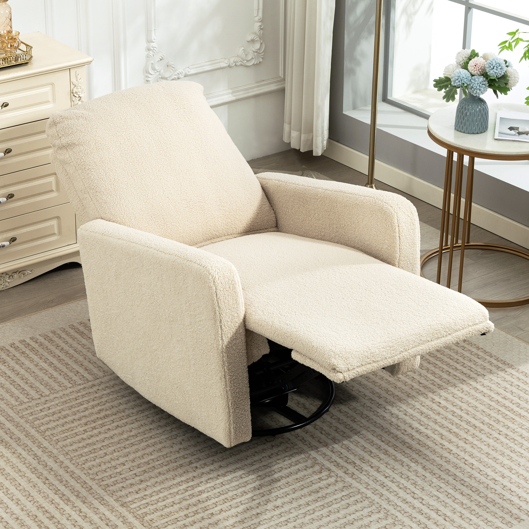 Fauteuil relax design bouclette - fauteuil inclinable pivotant repose-pieds intégré - beige