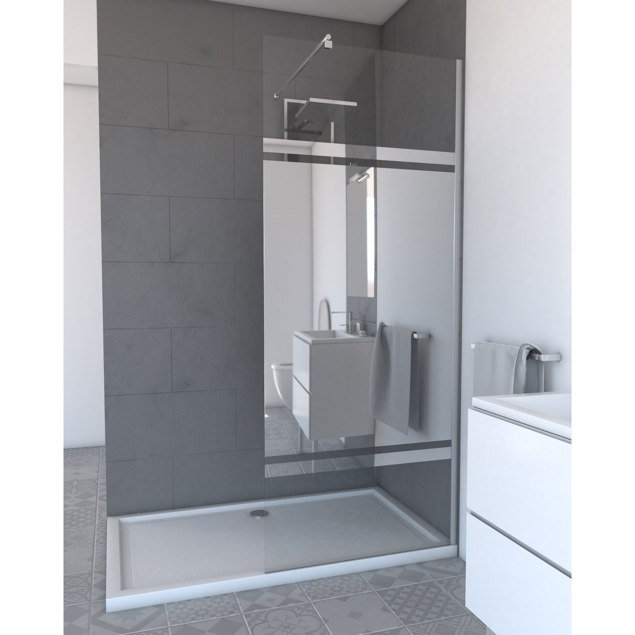 Paroi de Douche 80x200cm - Bande Miroir - Barre de Fixation Extensible et Profil Chrome