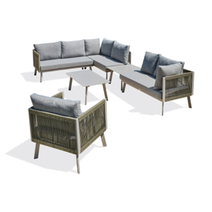 MANOSQUE - Salon de jardin d'angle 7 places en aluminium et corde gris