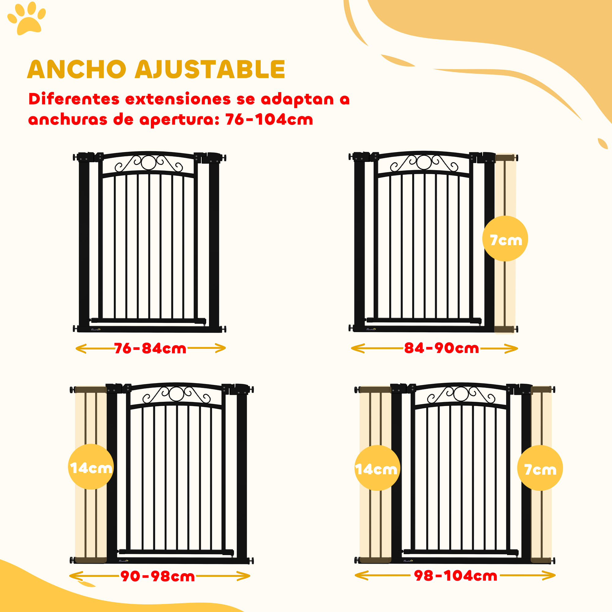 Barrera para Perros Puerta para Perros 76-104 cm Barrera de Seguridad para Mascotas con 2 Extensiones 7/14 cm y Doble Bloqueo para Escaleras y Puertas Negro