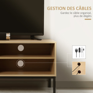 Meuble TV banc TV design industriel - porte coulissante, 2 niches, 2 passe-fils - piètement métal noir panneaux aspect bois clair