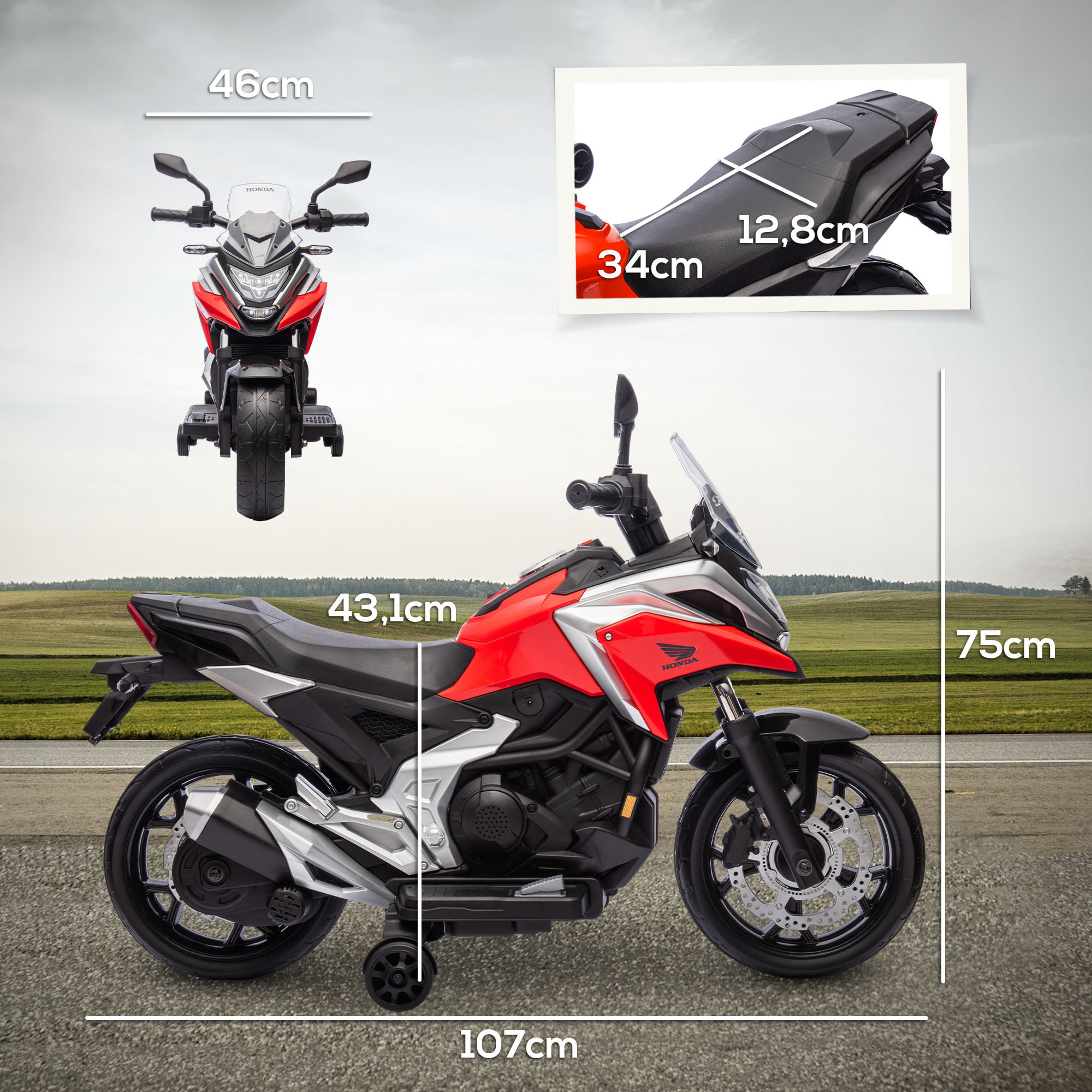 Moto électrique enfant Honda NC750x - musiques, feux AV LED, entrée USB MP3 jack - 2 roues support aux. - rouge