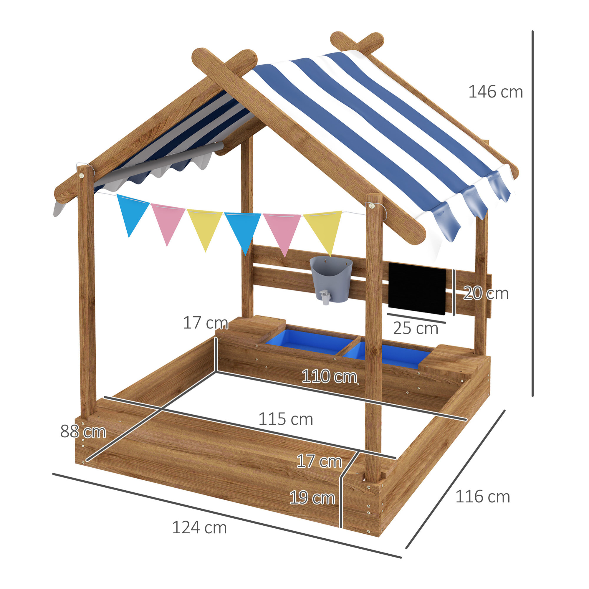 Arenero para Niños de Madera Arenero Infantil con Toldo 6 Banderines 2 Lavabos Grifo y Pizarra en Forma de Casa para Patio Jardín 124x116x146 cm Marrón