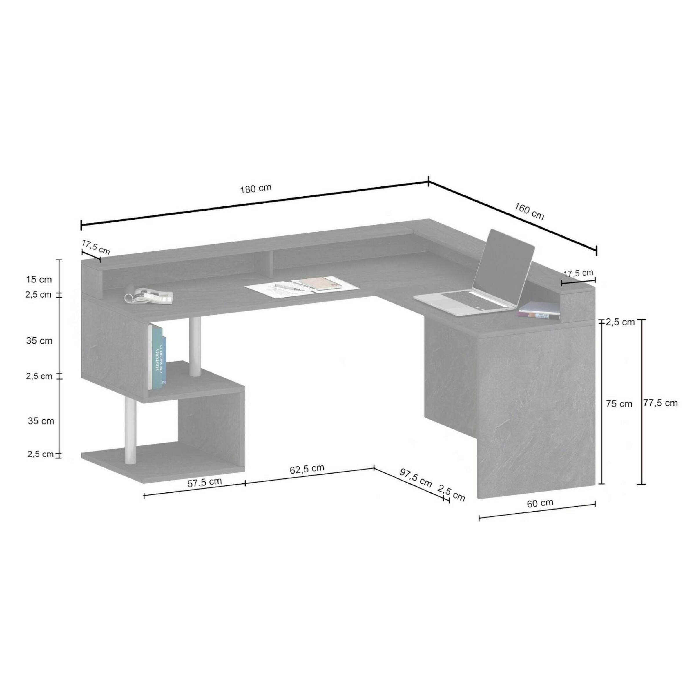 Scrivania Dcharpentie, Scrittoio angolare con ripiani portaoggetti, Scrivania ufficio multiuso con sopralzo, 180x60h93 cm, Rovere