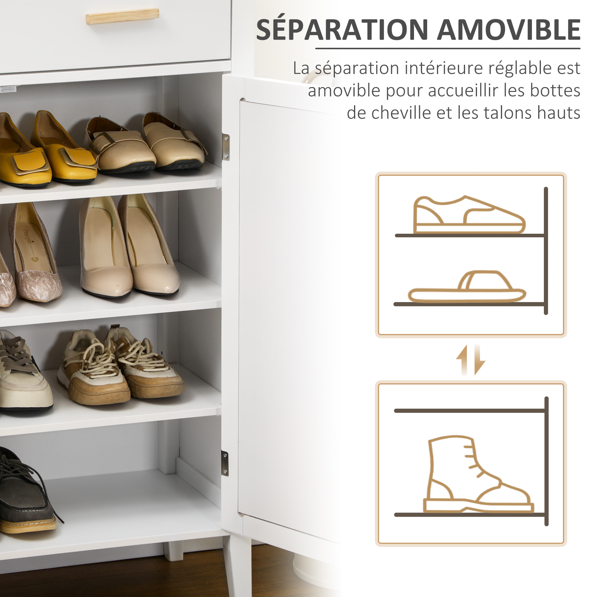 Meuble à chaussures style bohème chic - 2 portes, 3 étagères, tiroir - MDF blanc cannage rotin