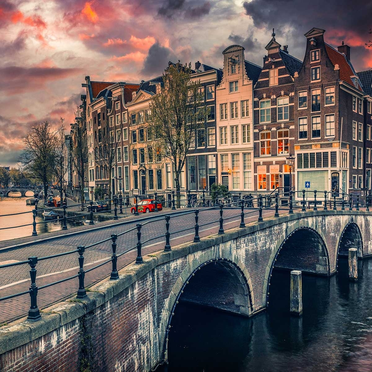 Affiche deco Amsterdam Canaux et ponts Affiche + cadre en bois - Chêne