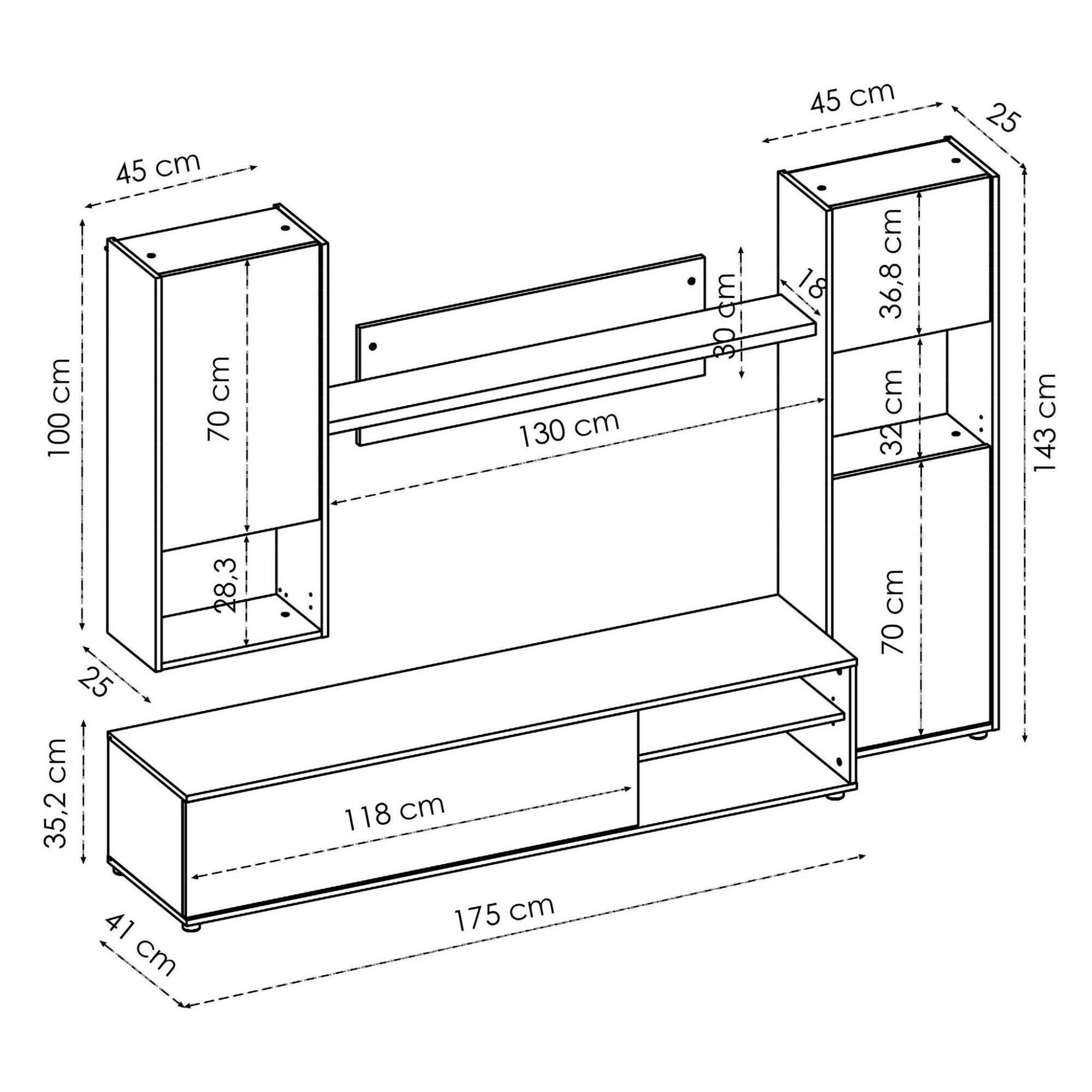 Parete attrezzata Foraker, Set da soggiorno porta TV, Mobile salotto multiuso, 220x41h180 cm, Rovere Nodi e Bianco