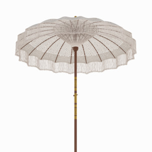 Ensemble parasol en macramé et pied de parasol en bois de suar - Fakélé