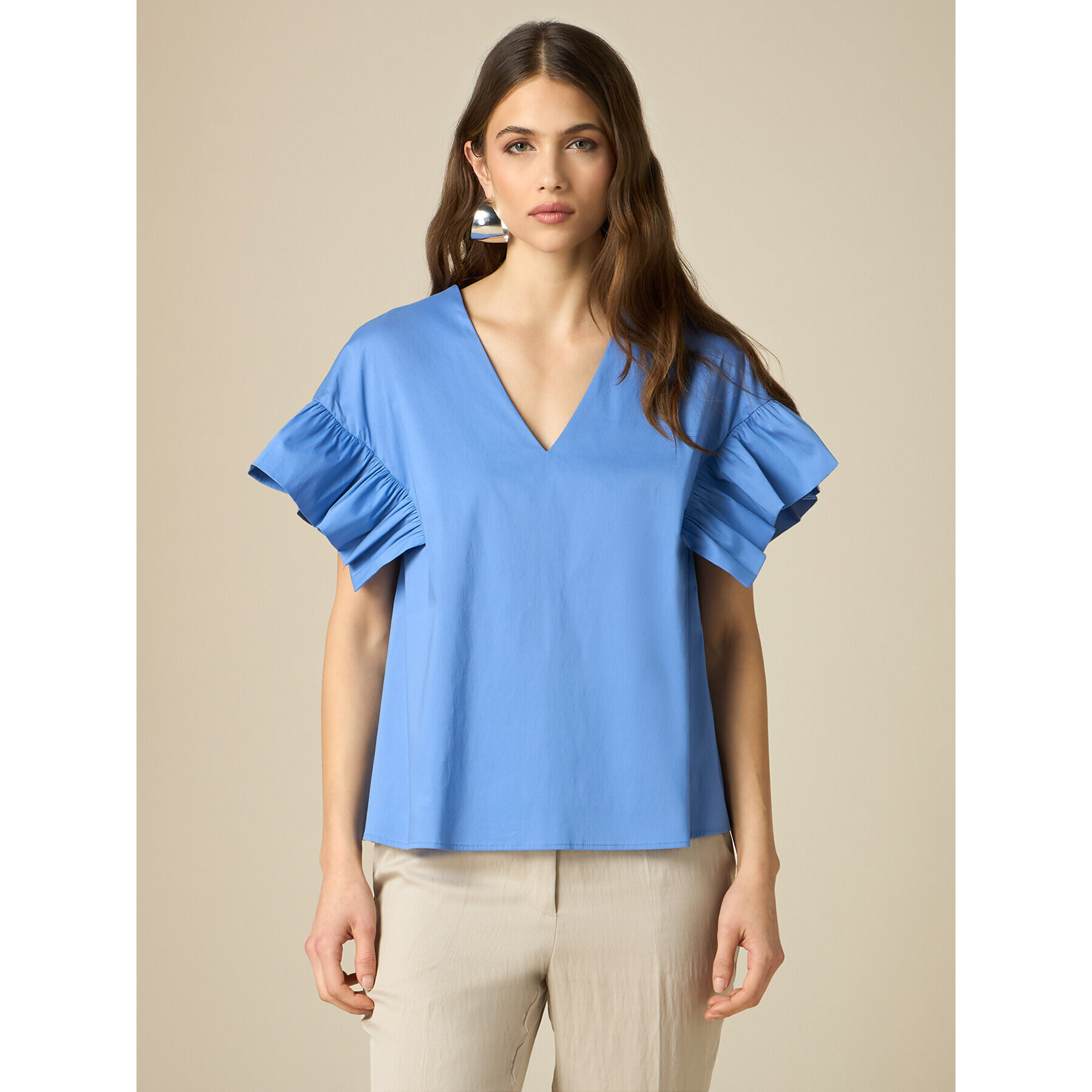 Oltre - Blusa in popeline con volant - Azzurro