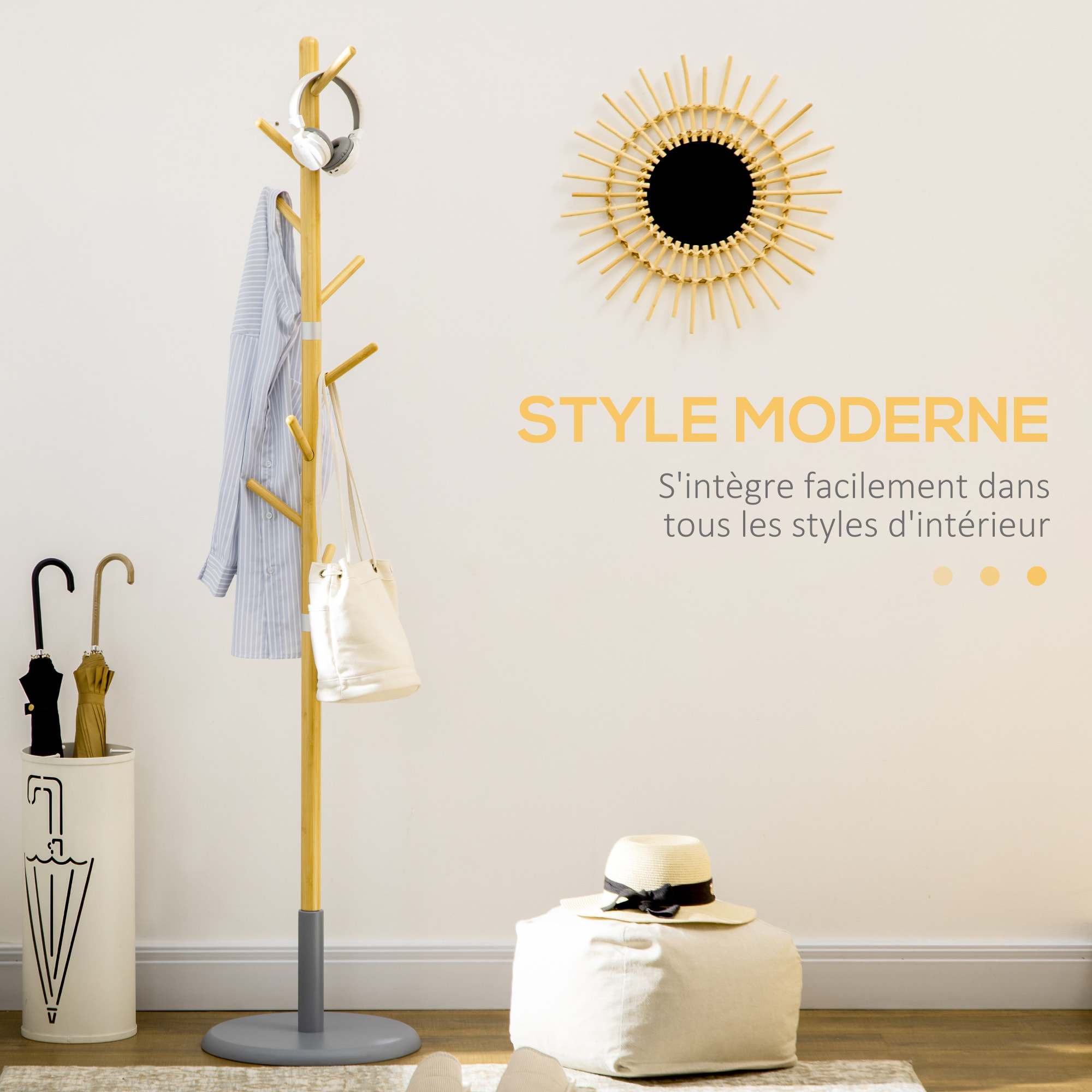 Porte-manteau design scandinave branches 8 patères Ø 37,8 x 175,6H cm piètement métal gris bois bambou verni
