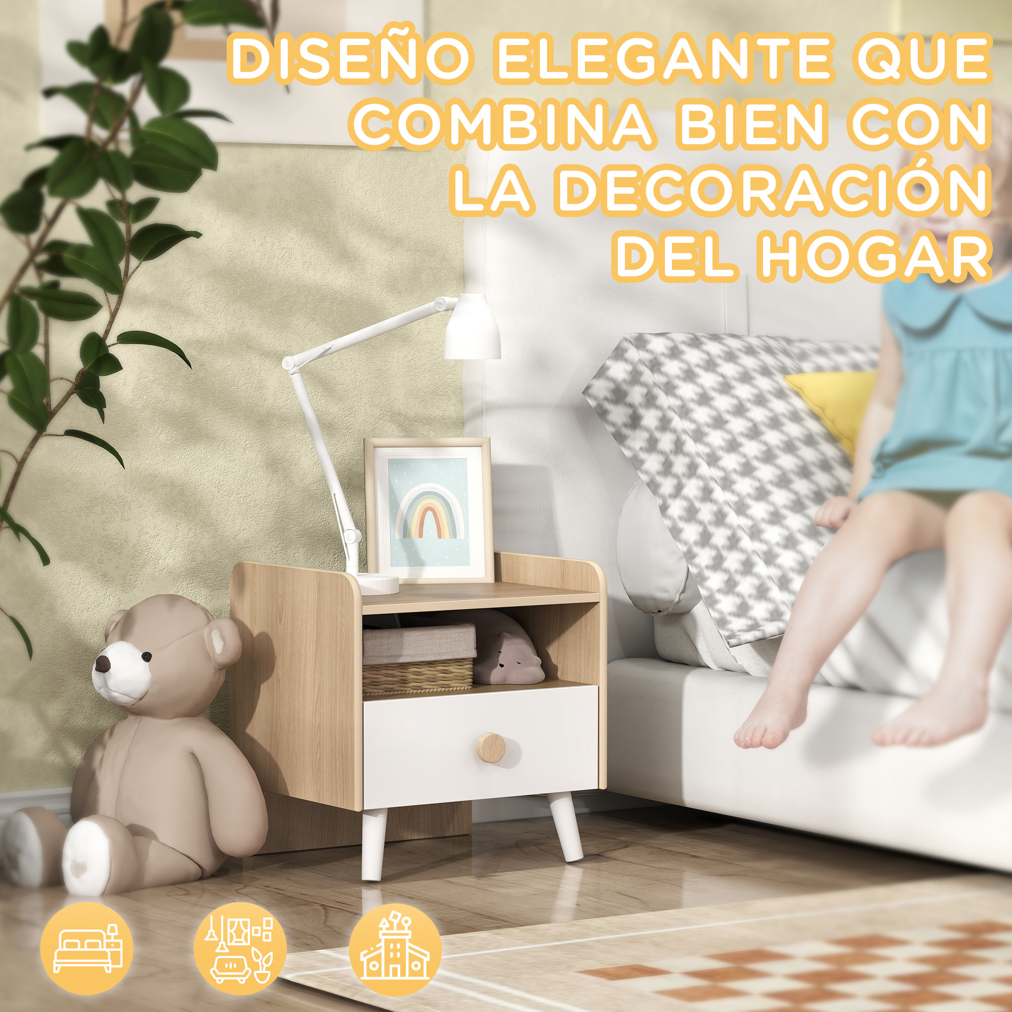 Mesita de Noche Infantil de Madera Mesita de Noche para Niños de +3 Años con Cajón y Bordes Redondeados para Dormitorio Roble y Blanco