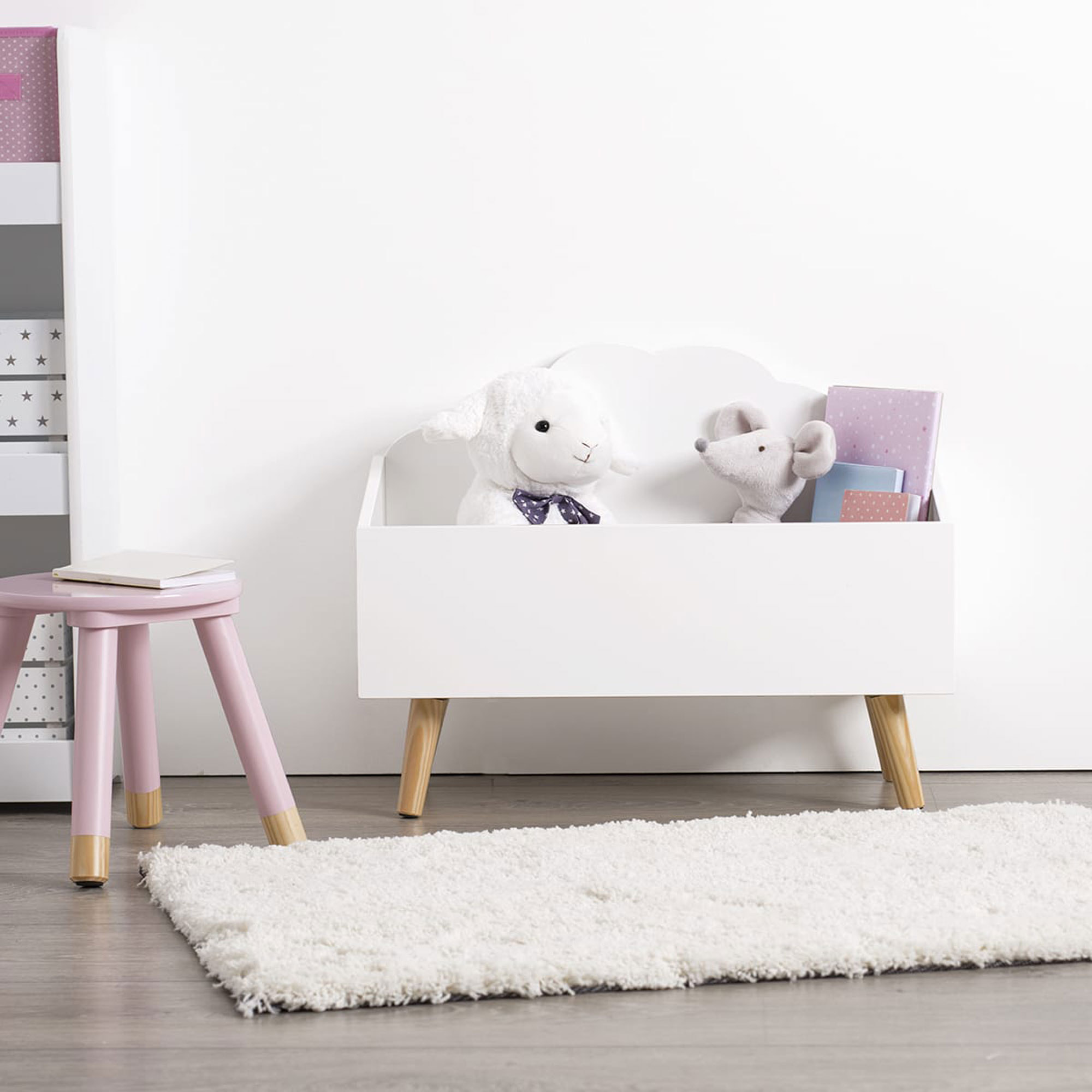 Baul infantil "nube" blanco perfecto para la ordenacion de los juguetes - 58 x 28 x 45,5 cm