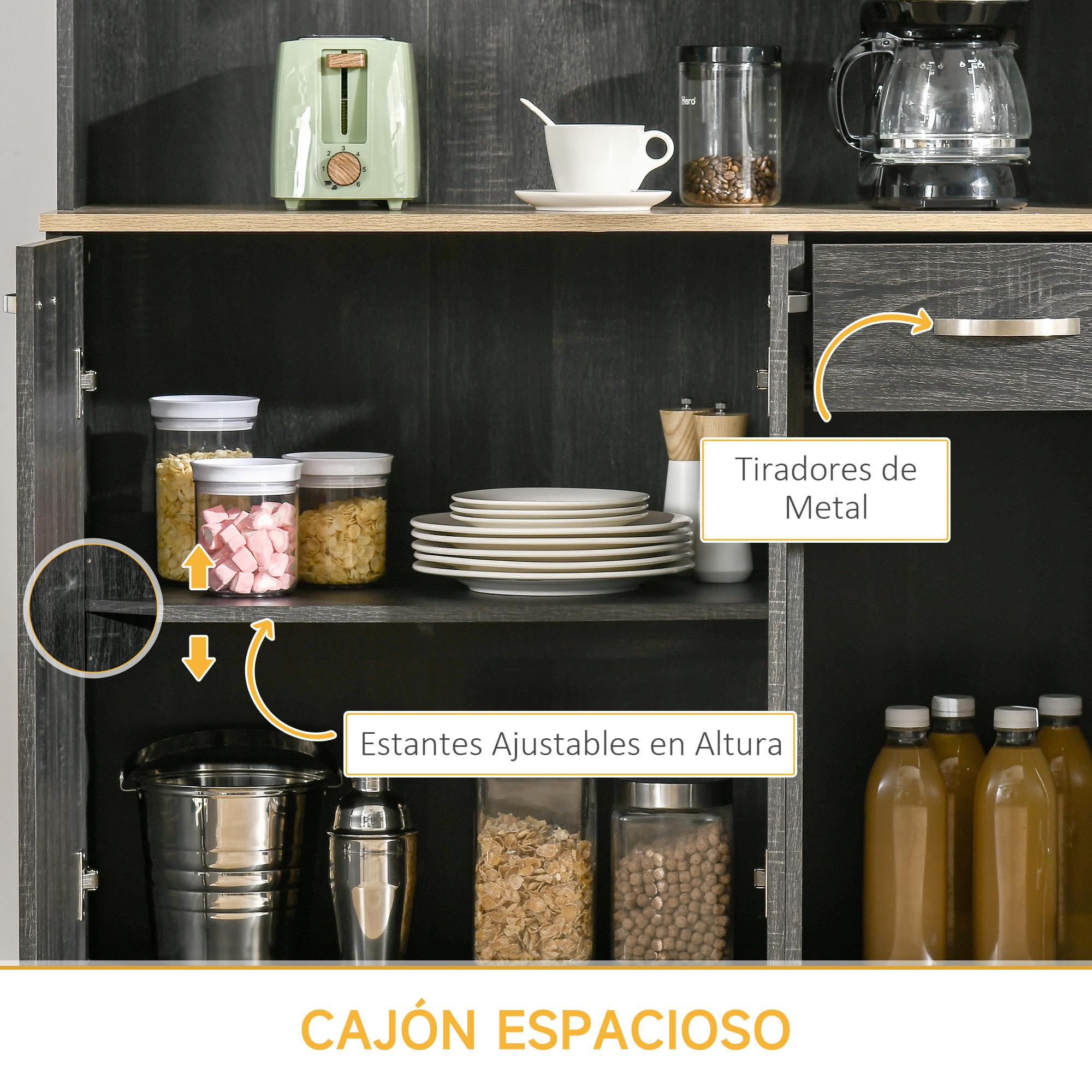 Alacena de Cocina Mueble Auxiliar de Cocina Alta con 6 Puertas Cajón Encimera Abierta y Estantes Ajustables Estilo Moderno Negro Veteado 101x39x180 cm
