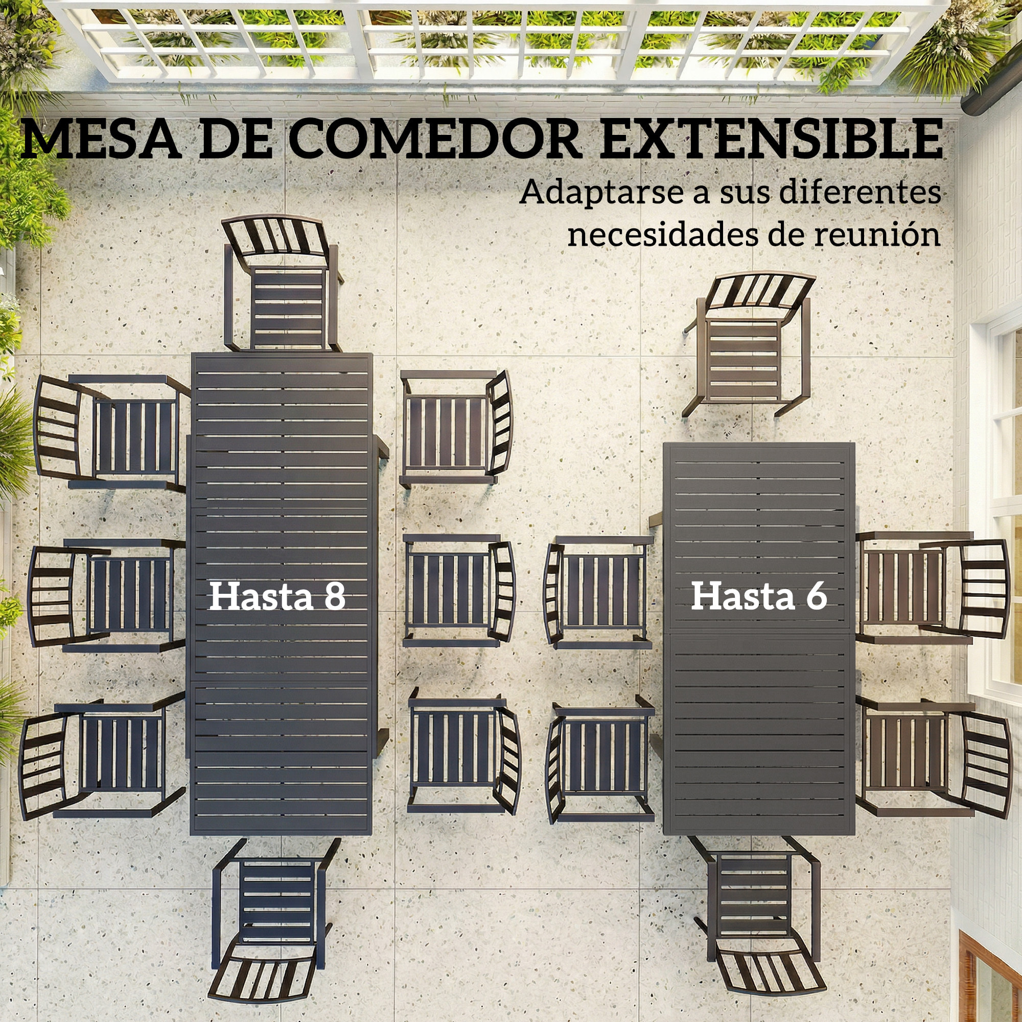 Mesa de Jardín Extensible 150/225x85x75 cm, Mesa de Comedor Exterior Extensible Rectangular de Aluminio, con Tablero de Listones para 6-8 Personas, para Patio, Terraza, Gris Oscuro